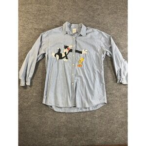 Vintage Sylvester Tweety Blue Embroidered Cotton Button-Up Shirt Cartoon L